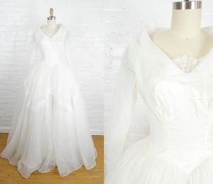 1950s retro long sleeve modest wedding dress . chiffon and lace princess wedding ballgown . xsmall