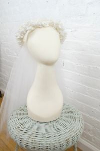 1980s bridal wreath with rhinestones and pearls and medium long tulle veil - Fashionconstellate.com