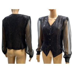 80s Black Sparkle Sheer Sleeve Tuxedo Evening Top - Fashionconstellate.com