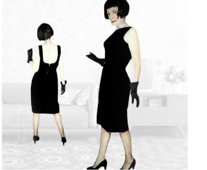 50s 60s Black Velvet Minimalist Sheath Dress, Low Back Interest, Casino Lounge