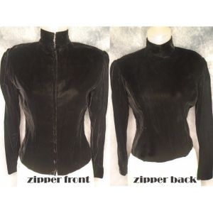80s Black Velvet High Neck Top with Long Sleeves, Curvy Victorian Look by Victor Costa - Fashionconstellate.com