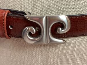 70s 80s Reddish Brown Aniline Leather Belt w Mod Silver Logo Buckle - Fashionconstellate.com