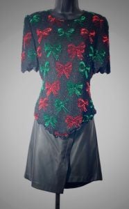 80s Beaded Bow Blouse, Sequins on Silk Christmas Color Holiday Top