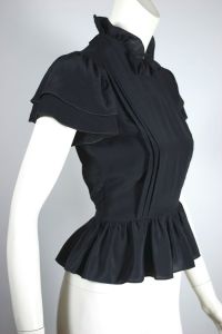 70s Backless Top Black Ruffled Peplum Silk Blouse - Fashionconstellate.com