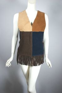 Color-blocked suede fringed 1960s vest tabard top XS-S