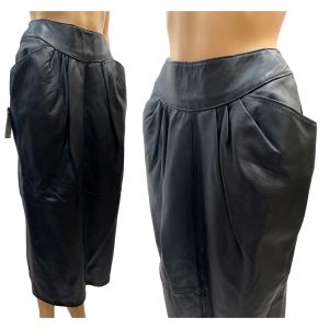New Vintage Luxe Black Leather Corset Waist Midi Pencil Skirt 