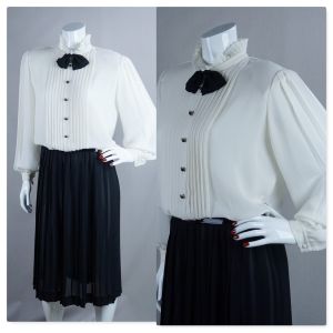 80s Black and White Secretary Dress with Pleated Skirt by Liz Petites, Sz 14
