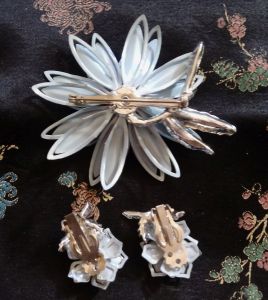 Vintage 1960s Pale Blue Iridescent Flower Brooch & Clip on Earrings Set - Fashionconstellate.com