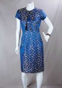 50s Blue Brocade Cocktail Dress with Bolero Jacket - Fashionconstellate.com