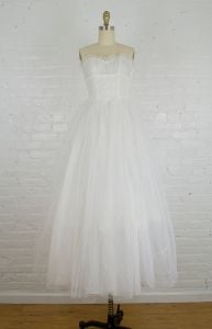 1950s white tulle tea length wedding dress with bolero jacket . vintage 50s wedding gown  - Fashionconstellate.com