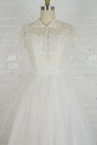 1950s white tulle tea length wedding dress with bolero jacket . vintage 50s wedding gown 