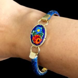 Blue Faux Snakeskin Bangle with an Italian Glass Floral Mosaic - Fashionconstellate.com