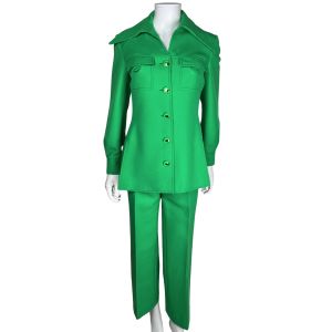 Vintage 1970s Pantsuit Bright Green Wool Gabardine Made in France Size M