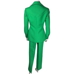 Vintage 1970s Pantsuit Bright Green Wool Gabardine Made in France Size M - Fashionconstellate.com