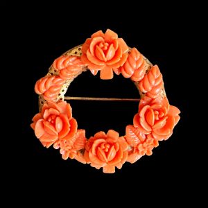Wreath Brooch with Faux Coral Roses