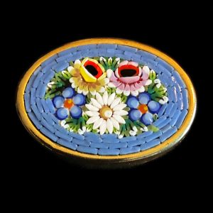 Blue Italian Glass Mirco Mosaic Brooch with Floral Motif