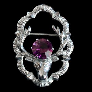 Stag Head Brooch with Amethyst Glass Stone by Mizpah