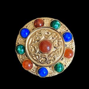Vintage Disc Brooch with Multicolor Faux Agate Cabochons