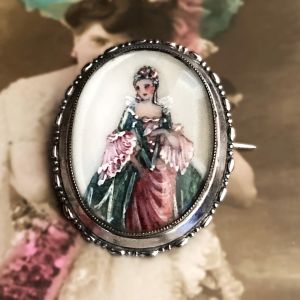 Thomas L Mott Crinoline Lady Hand-Painted Miniature Brooch
