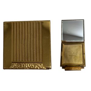50s Gold Tone Compact with Mirror and Scroll Pattern