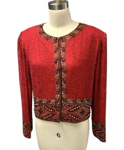 Vintage Laurence Kazar Red Silk Beaded Jacket Womens Large 80s Evening