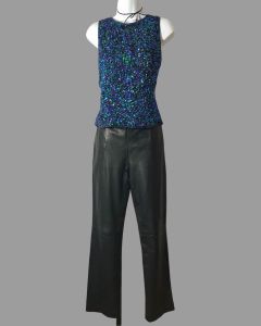 1980s Laurence Kazar Jewel Tone Confetti Sequin Silk Halter Disco Top - Fashionconstellate.com