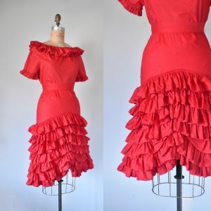 Maria chacha two piece set, 1960s red ruffle skirt, flamenco skirt, cotton top and skirt 