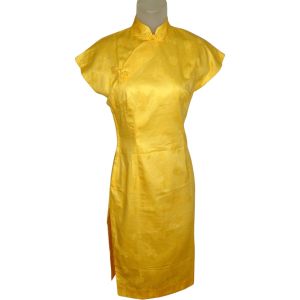 1960s Yellow Cotton Cheongsam Dress Is Bodycon, Sexy Side Slits, Traditional Asian - Fashionconstellate.com