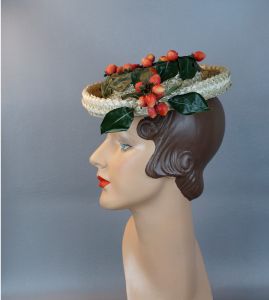 50s Ivory Straw Tilt Breton Hat with Strawberries  - Fashionconstellate.com