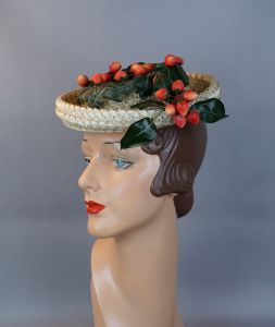 50s Ivory Straw Tilt Breton Hat with Strawberries 