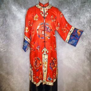 Victorian Silk Qing Dynasty Robe, Red Antique Chinese Empress Symbols Dragon Embroidery - Fashionconstellate.com
