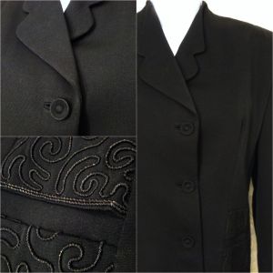 Vintage 40s Blazer Suit Coat Ladies-M(8/10) Power Shoulder Embellished Piping Button-up Black - Fashionconstellate.com