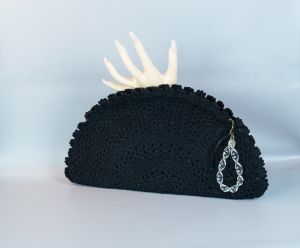 50s Black Fan Shaped Crochet Clutch Bag