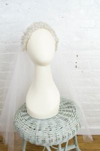 vintage tulle veil with pearl and crystal bridal crown . 1980s / 90s wedding headpiece - Fashionconstellate.com