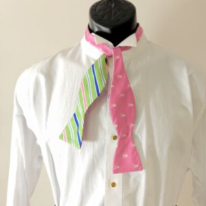 Countess Mara Hand Made Silk Reversible Bow Tie ~ Pink Skull + Crossbones / Pink, Blue, Green Stripe