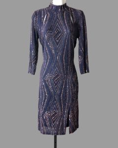 1980s Bodycon Dress, Midnight Blue w/Metallic Geo/Deco Pattern