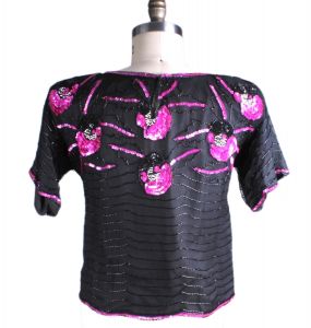 Vintage Avalon Pure Silk Blouse Dressy Black Pink Sequin Scallop Bead Lined Sz M - Fashionconstellate.com