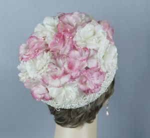 60s Pink and White Flowered Deep Crown Pillbox Hat by Dana Marte - Fashionconstellate.com