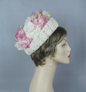 60s Pink and White Flowered Deep Crown Pillbox Hat by Dana Marte