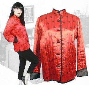 Women's Smoking Jacket, Red Quilted Satin Asian Style Lounge Jacket ~ 70s 