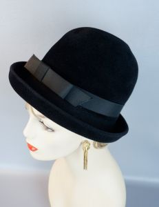 60s High Crown Black Velour Hat w/ Curled Brim
