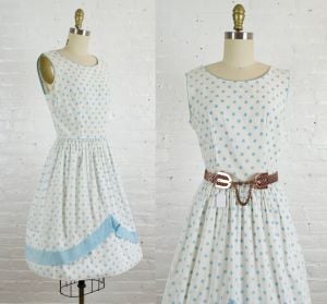 1960s blue and white polka dot dress . 60s cotton day dress . vintage summer dress 50s style . small