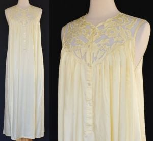 80s Silk Satin Nightgown with Appliqued Bodice, Ankle Length, Off White, Size Large
