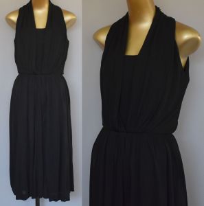 50s Black Chiffon Cocktail Dress With Draped Panels by Anita Modes, Size XS