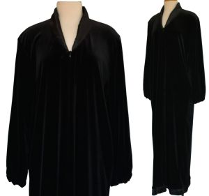 Diamond Tea Black Velvet Zip Front Kaftan, Dressing Gown, Robe, Satin Trim, Large to Extra Large - Fashionconstellate.com