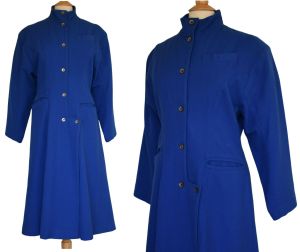 70s Wendy Dagworthy Blue Wool Midi Coat, Made in England, Size Small to Medium