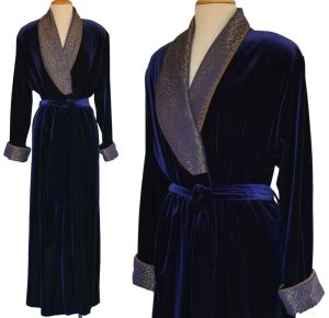 90s Diamond Tea Deep Sapphire Blue Velvet Wrap Robe - Abstract Print Collar - Ankle Length, XL