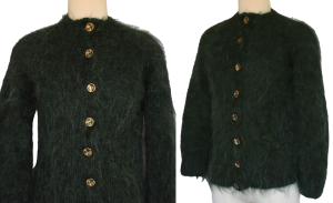 60s Hand Knit Mohair Cardigan Sweater in Deep Variegated Green - Statement Buttons