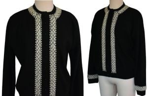 50s Hand Beaded Black Cashmere Angora Cardigan Sweater, 3-D Faux Pearl Embellishment, L to XL