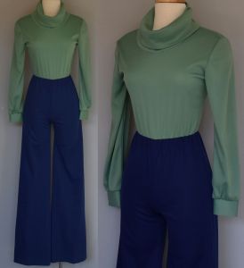 70's Jumpsuit with Coordinating Vest, Green and Navy Blue, Cowl Neck and Wide Legs, XXS 2XS - Fashionconstellate.com